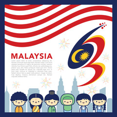 Malaysia National / Independence Day illustration with 3 race cute character Malay, Indian & Chinese kids. 31 August, Merdeka.