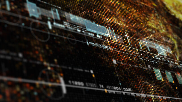 Futuristic holographic data sequence simulation of artificial neural networks intelligence analysis head up display background