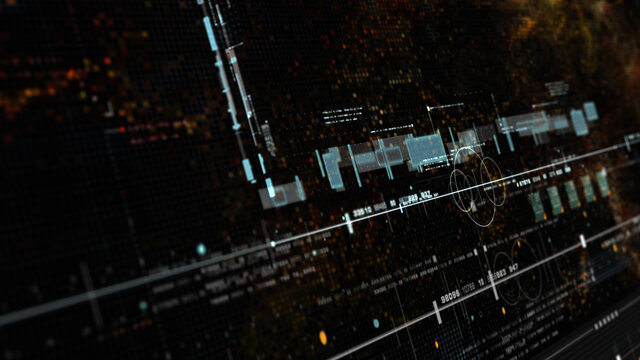 Futuristic holographic data sequence simulation of artificial neural networks intelligence analysis head up display background - Powered by Adobe