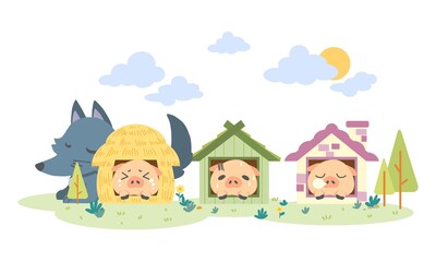 The Three Pitiful Piglets and The Wolf Vector Illustration