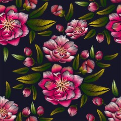 Flower embroidery with cherry blossom seamless pattern