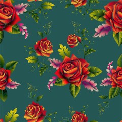 Red roses beautiful bouquet embroidery seamless pattern-vector.