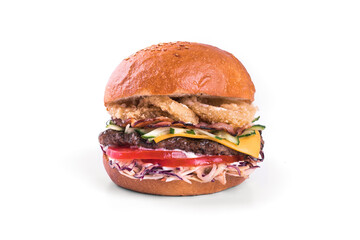 Delicious burger, gamburger isolated on white background. Restaurant dish. Tasty Gamburger with beef, breaded chicken, cheese, tomato, cucumber, salad
