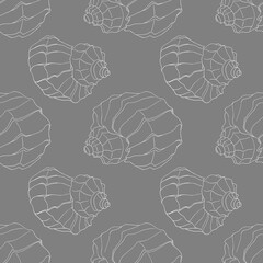 Seamless pattern hand-drawn gray and white line art sea shell background. Art creative nature object for sticker, card, wallpaper, textile, wrapping, florist