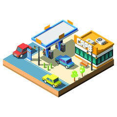 Isometric 3D Gas Station Building With Cafe And Cars Vector Design Style