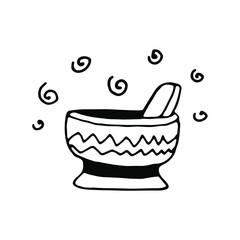hand drawn magic mortar isolated black and white . herbal cooking. illustration with esoteric symbols. For tattoo, textile, cards, Halloween decor. drawn simple doodle clipart. elixir of the witch 