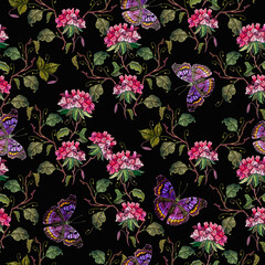 Embroidery datura flowers and butterflies. Seamless pattern. Template for design of clothes, t-shirt design. Botanical illustration. Summmer garden art