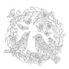 vintage foliage wreath with flowers and couple of adorable birds