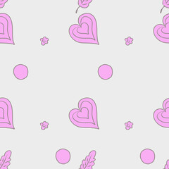 Pink hearts, flowers and leaves on a gray background. Vector seamless pattern background. Art continuous illustration. Hand drawn abstract art modern