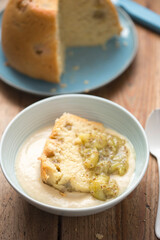Cooked gooseberry summer pudding with vanilla custard and gooseberry & elderflower compote 
