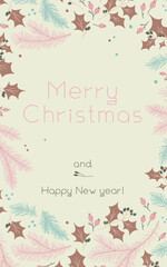 Vector Merry Christmas vertical banner template on white-sand background. Winter sale fair branding. New Year seasonal celebration greeting card. Pinecone Xmas branches border with leaves isolated fir