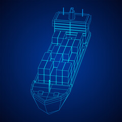 Heavy dry cargo ship of bulk carrier with freight containers. Wireframe low poly mesh vector illustration.