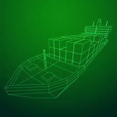 Heavy dry cargo ship of bulk carrier with freight containers. Wireframe low poly mesh vector illustration.