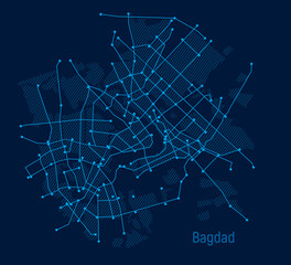 Digital city. Plan of the city of Baghdad in the form of an electronic scheme. Lines on blue background. Stylized line drawing