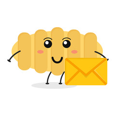 Cute flat cartoon Italian pasta holding an envelope illustration. Vector illustration of cute pasta with a smiling expression.