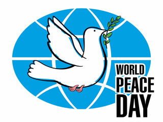 World Peace Day. Drawn dove with olive branch on the background of the earth globe. Postcard poster