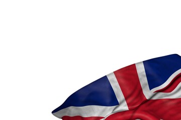 pretty United Kingdom (UK) flag with large folds lie in bottom right corner isolated on white - any feast flag 3d illustration..