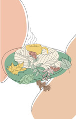 Autumn line art composition. A mug with a warming drink, a scarf, autumn leaves and bunches of mountain ash, abstract. For your creative design. Modern hand-drawn Vector illustration isolated on white