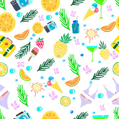 Cute summer vacation seamless pattern. Fresh fruits, pineapples, oranges, citrus, sunshine, camera, palm leaves, ice cream, swimsuit, suitcase. Colorful bright vector illustration.