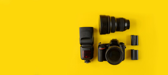 Photographer's equipment.Flat lay composition with photographer's equipment and accessories on...