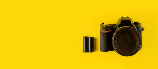 Photographer's equipment.Flat lay composition with photographer's equipment and accessories on...