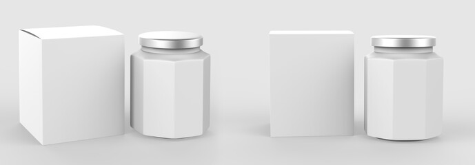 Honey jar mock ups isolated on white. Honey packaging design concept. 3d illustration