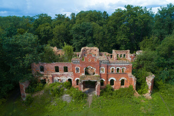 Ruins of ancient house in the estate of the barons of Vrangel on a July afternoon (shot from a quadcopter). Torosovo. Leningrad region, Russia