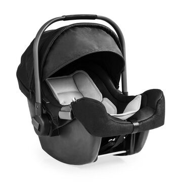 Black Baby Carrier Isolated On White Background. Modern Restraining Car Seat With Side Impact Protection. Travel Gear. Infant Restraint. Side View Of Child Safety Seat System