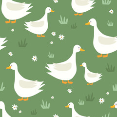 Seamless pattern, birds, hand drawn overlapping backdrop. Colorful background vector. Cute illustration, geese, flowers. Decorative wallpaper, good for printing - 370298948