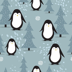 Penguins, fir-trees, hand drawn backdrop. Colorful seamless pattern with birds, firs. Decorative cute wallpaper, good for printing. Overlapping colored background vector. Design illustration - 370298962