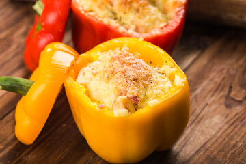 Seafood rice with cheese, stuffed peppers with rice and minced meat. .Grilled green pepper with cheese