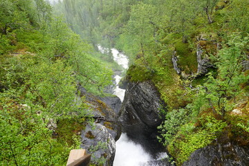 water fall in Swedish hiking trail in summer