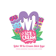 Purple Letter M Delicious Melting Ice Cream Sticks Logo on White Background. Vector Flat Modern Style. Colorful Logo in Cartoon Style Illustration for Ice Cream Shop Café and Restaurant
