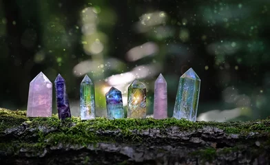 Fotobehang edelstenen kristal mineralen op mysterieuze natuur achtergrond. edelstenen fluoriet, roze en helder kwarts. Magic Rock voor Crystal Ritual, Hekserij, spirituele oefening. © Ju_see