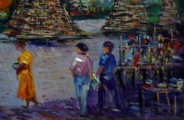 Obraz na płótnie Canvas Art painting Abstract Oil color temple Background from thailand