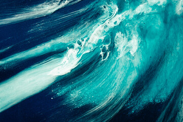 Acrylic ink water. Sea storm. Cyan blue ocean wave splash with white foam effect. Marble texture...