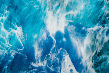 Acrylic ink water. Sea foam. Cyan blue ocean wave with white bubbles effect. Color gradient paint...