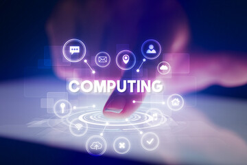 Finger touching tablet with web technology icons and COMPUTING inscription, web technology concept