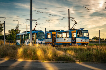 two tram drivers taking break trams in yellow sunset