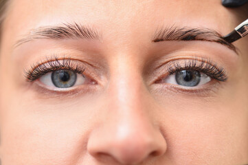 Eyes and eyebrows of a young woman while coloring eyebrows in a beauty salon