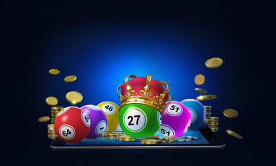 Gambling concept image suggesting the idea of playing online bingo games using apps on mobile devices. 3D rendered illustration on a dark blue background 
