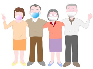 新型コロナウイルスの感染予防のためのマスクをして、老後を元気に過ごす高齢者たち