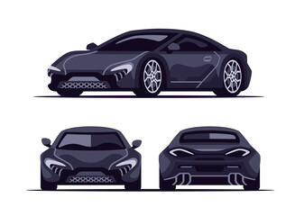 Car supercar set isolated on white background. Vehicle front, side, back, above view. Flat style eps10 illustration. Simple modern design. Icons collection.