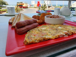 traditional omelette and sausage breakfast
