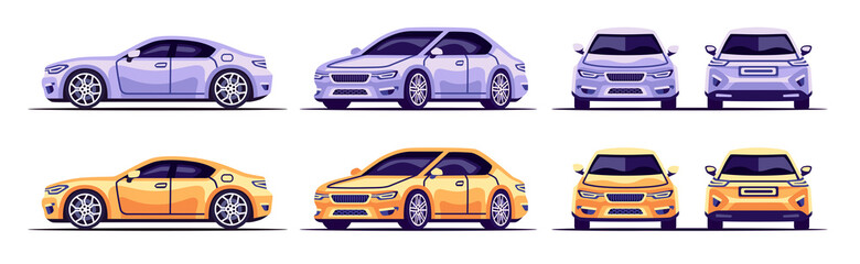 Fototapeta premium Car sedan set isolated on white background. Vehicle front, side, back, above view. Flat style eps10 illustration. Simple modern design. Icons collection.