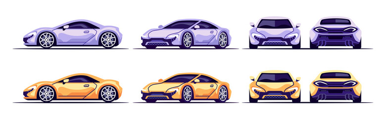 Car supercar set isolated on white background. Vehicle front, side, back, above view. Flat style eps10 illustration. Simple modern design. Icons collection.