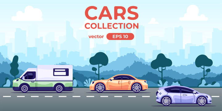 Cars with city silhouette on the background. Urban landscape. Modern simple cartoon design. Flat style eps10 illustration. Wide panorama. Traffic on the road.