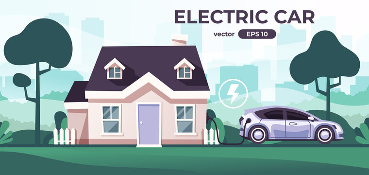 Car charging at the charger station. Car refueling petrol at the gas station. Electric or gasoline. Flat style eps10 illustration. Front view. Simple modern design. Black color icon.