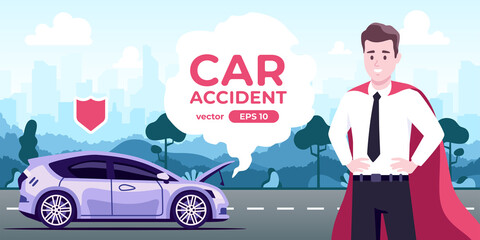 Car broken down. Accident on the road. Flat style eps10 illustration. Hatchback vehicle with open hood. Side view. Simple modern design. Icons collection.