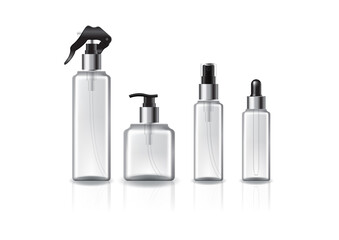 Set of 4 heads/sizes square cosmetic bottle with silver ring for beauty, healthy product. Isolated on white background with reflection shadow. Ready to use for package design. Vector illustration.